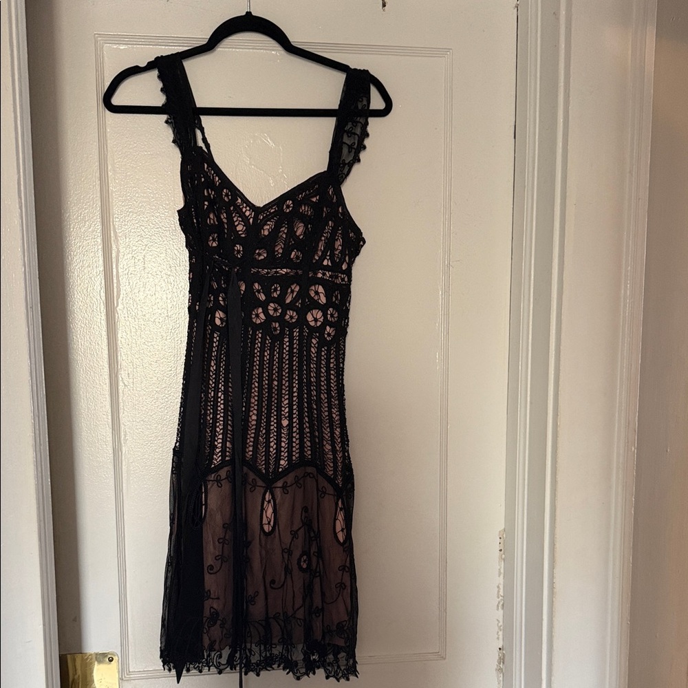 Betsey Johnson Black Crochet Midi Dress with Nude Lining
